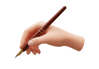 Isolated view of a writing hand holding a brown fountain pen for calligraphy and drawing