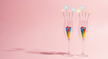 Two elegant champagne flutes containing colorful burning sparklers with sparkling light on a pastel pink background with copy space