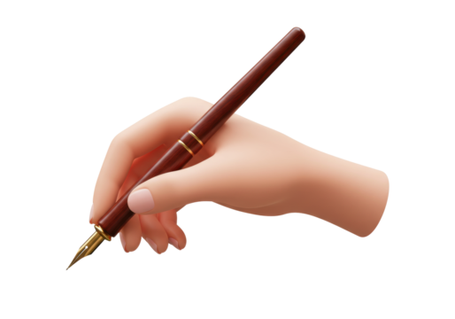 Isolated view of a writing hand holding a brown fountain pen for calligraphy and drawing