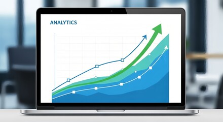 Dynamic business growth chart on laptop screen showing upward trend and analytics
