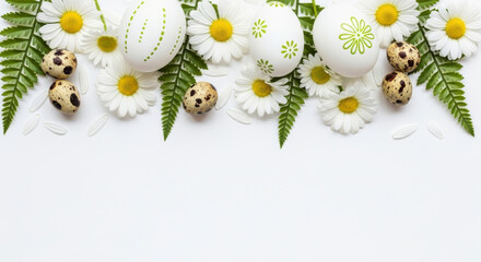 Flat lay composition of Easter eggs painted white with green patterns and quail eggs surrounded by white daisy flowers fern leaves on white background copy space