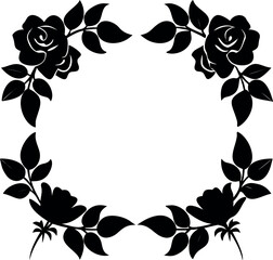 Elegant black silhouette floral frame with roses and leaves, perfect for invitations and decorations