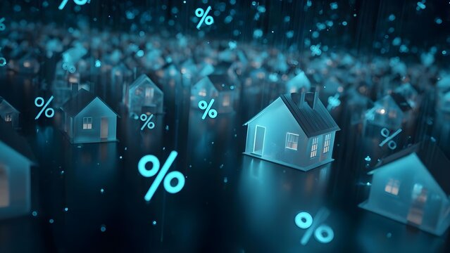 Blue neon houses float among glowing percent signs, symbolizing real estate and mortgage rates. Concept Neon Real Estate, Floating Houses, Mortgage Rate Visualization, Glowing Percent Signs