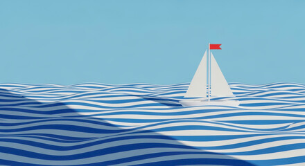 Stylized sailboat with a white sail and small red flag sailing on a wavy ocean surface composed of horizontal blue and white stripes under a clear sky