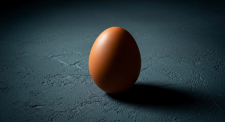 Single brown chicken egg standing upright on a dark textured surface with dramatic lighting and deep shadow creating a moody atmosphere