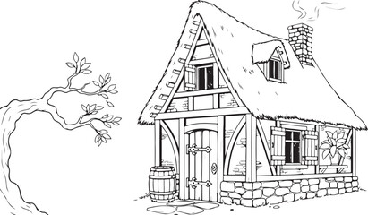 Obraz premium Black and White Line Art Drawing of a Rustic Thatched Roof Cottage with a Tree