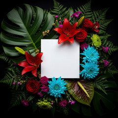 Lush arrangement of tropical foliage, red lilies, red roses, and vibrant blue chrysanthemums surrounding a blank square white card on a dark background