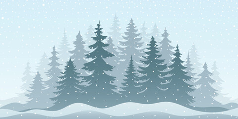 Winter minimalistic landscape, forest and snowfall, vector illustration