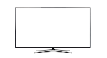 Modern wide screen television monitor with a thin black bezel and metal stand displaying a completely transparent screen ready for digital content