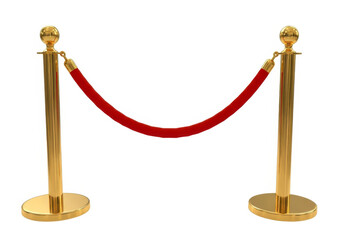 Elegant golden stanchions with red velvet rope isolated on a white background for queue and crowd control