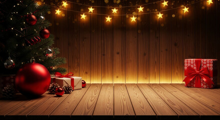 Warm rustic wooden Christmas background with sparkling festive decorations and glowing string lights for holiday display