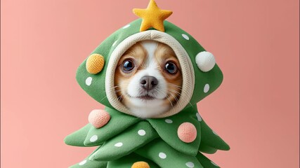 Adorable puppy wearing festive christmas tree costume, perfect for holiday greetings and pet themed projects video 4k