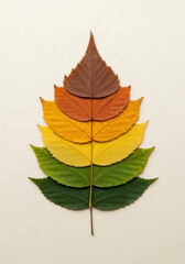 Autumn leaves layered in a striking gradient from deep green to rich brown representing seasonal change