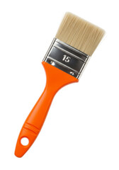 New flat paintbrush with light bristles and a bright orange plastic handle isolated on a white background