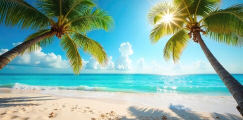 Sun-drenched beach scene with vibrant turquoise water lapping gently on the shore, palm trees swaying in the warm breeze, a perfect summer escape , warmth, summertime, vibrant