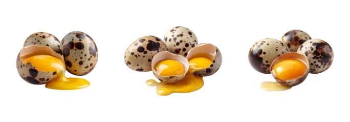 Fresh Quail Eggs Collection: Cracked and Whole Eggs isolated on a transparent background