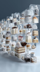 Fototapeta premium Variety of delicious desserts, including cakes and pastries, are displayed transparent cubes, creating visually appealing and modern presentation. arrangement showcases layers and textures