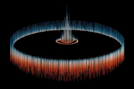 Futuristic radial data visualization with spikes in red and blue gradient.
