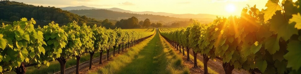 Naklejka premium Sun-drenched rows of grapevines stretching across a picturesque vineyard, ripe for harvest Lush green foliage and golden sunlight paint a stunning autumnal scene , foliage, growth