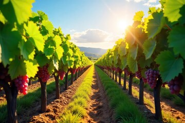 Naklejka premium Sun-drenched rows of grapevines stretching to the horizon, ripe bunches of grapes hanging heavy on the vines, a picturesque vineyard landscape at harvest time , countryside landscape, outdoor