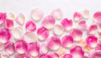 delicate pink rose petals scattered on pristine white surface tranquil mood wallpaper design