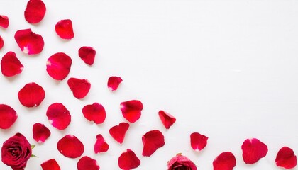 vibrant red rose petals scattered with whole rose on minimalist white backdrop romantic mood banner copy space