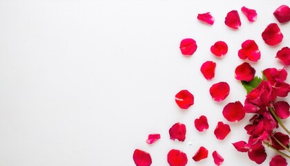 vibrant red rose petals scattered with whole rose on minimalist white backdrop romantic mood banner copy space