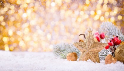 festive golden star and baubles with red berries on snowy pine branch against warm bokeh backdrop cheerful mood editorial illustration