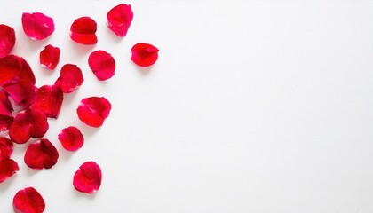 vibrant red rose petals scattered with whole rose on minimalist white backdrop romantic mood banner copy space