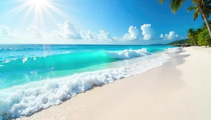 Sun-drenched turquoise ocean waves crash on a pristine white sand beach  The vibrant blue water sparkles under the bright summer sun, a perfect tropical paradise scene ,  coastline,  blue © vilavanh