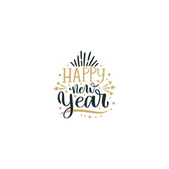 A pixelated happy new year design with gold accents on a black background centered in the frame on transparent background