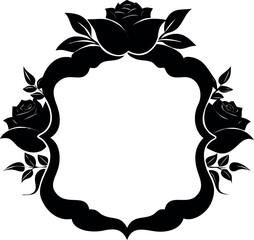 Elegant black silhouette frame adorned with blooming roses and delicate leaves, perfect as a versatile decorative design element for invitations, labels, or stylish graphic projects