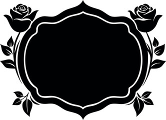 An elegant black silhouette of a vintage decorative frame adorned with beautiful rose flowers, creating a classic ornamental border