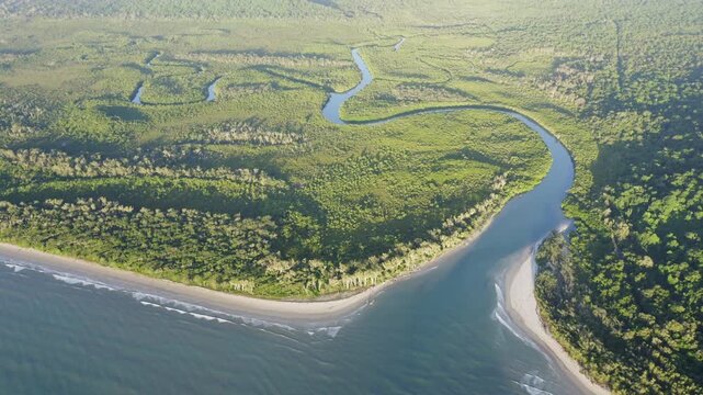 Aerial view of river and coastline, Cape Tribulation, Daintree National park, Queensland, Australia