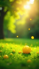 Fototapeta premium Sunlight streams through leaves onto a grassy field, illuminating playful, bouncing, bright yellow balls; a joyful, carefree scene evoking laughter and the warmth of a summer's day , glow, happiness