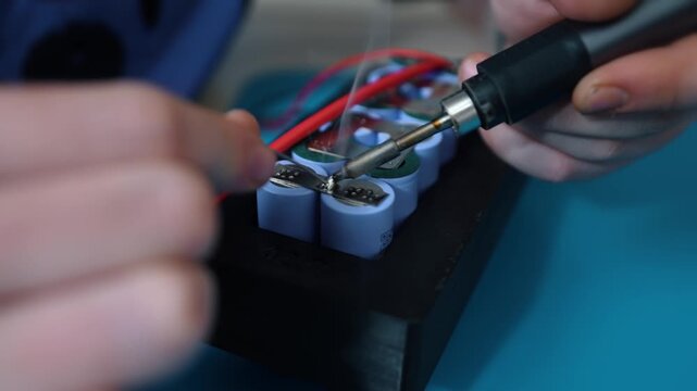 A man solders wires for a battery on a drone. Soldering wires with a soldering iron. Carefully assembles the power battery for the fpv drone, soldering the parts with the batteries into a special
