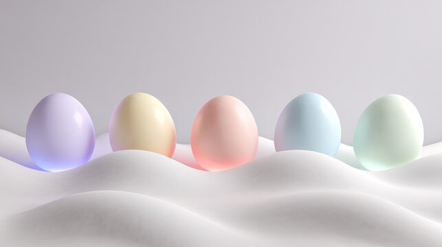Pastel colored eggs nestled on white, rippled surface, soft lighting