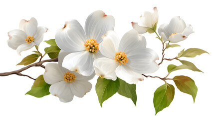 Obraz premium Elegant White Dogwood Blossoms with Delicate Green Leaves.