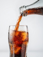 Cola drink being poured from a glass bottle into a glass withe ice.