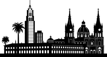High resolution black and white city skyline silhouette with architectural detail and subtle color accents