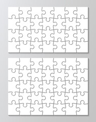 Two big Puzzles grid. Scheme of jigsaw thinking game with 28 and 35 separate details. Mosaic silhouette pieces grid. Cutting template. Simple frame tiles. Vector illustration