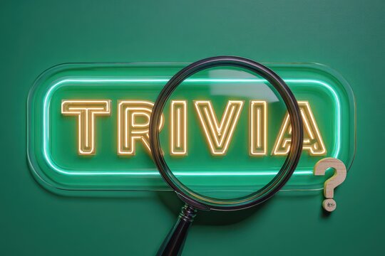 Neon Trivia Invitation. Top View of Magnifying Glass and Word Toys with TRIVIA on Green Background