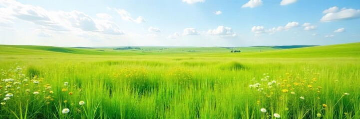 Vast expanse of tallgrass prairie swaying gently in the breeze, wildflowers blooming amidst the sea of green A serene and untouched natural landscape , grassland, open space
