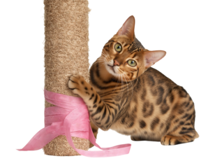 Curious Bengal Cat Holding Scratching Post with Pink Ribbon isolated on a transparent background