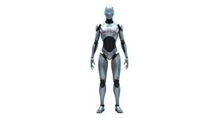 Futuristic humanoid robot standing against a stark black background with a sleek metallic design and advanced technology