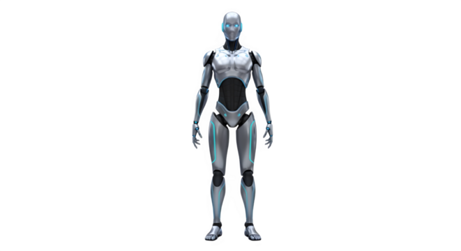 Futuristic humanoid robot standing against a stark black background with a sleek metallic design and advanced technology