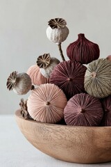 Elegant collection of dark red paper ornament designs in wooden bowl for home decor inspiration. 