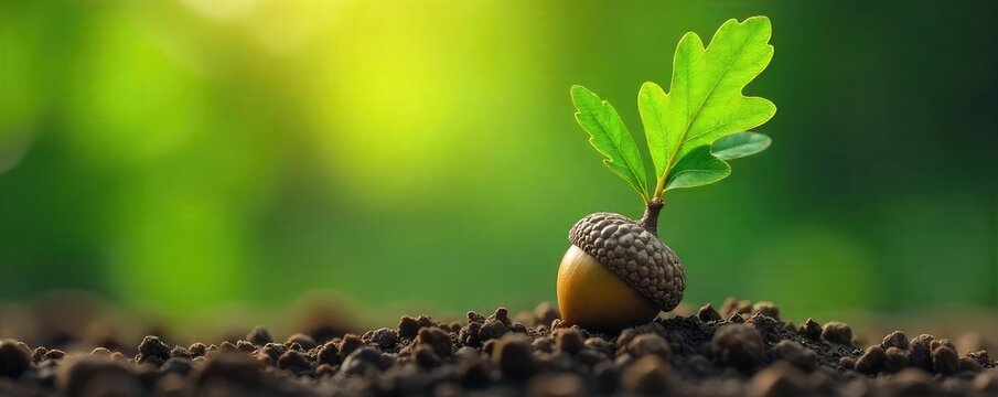 Vibrant green oak leaves sprout from a tiny acorn, symbolizing new growth and the circle of life in nature Perfect for springtime, environmental, and botanical themes , tree, plant, foliage