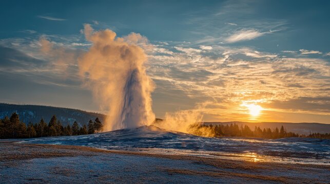 Old Faithful Sunset in Yellowstone National Park, Wyoming