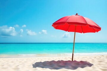 Vibrant red beach umbrella providing shade on a sunny, sandy beach Perfect for summer vacation, relaxation, and coastal imagery Ideal for travel and tourism websites , warmth, coastal, fun